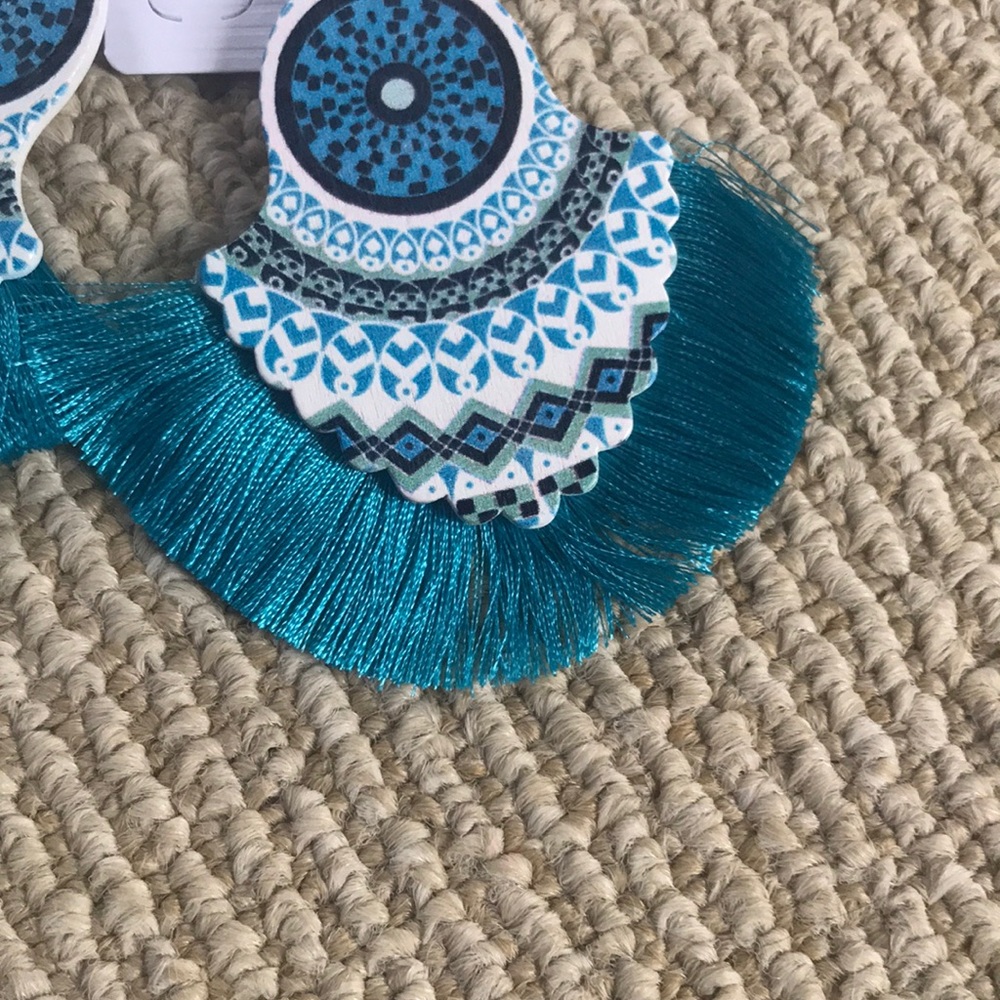 brand new blue/teal wood tassel earrings - Picture 3 of 3